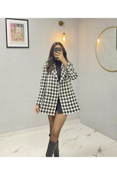 Melissa Kadın Siyah Beyaz Kaz Ayağı Blazer Ceket