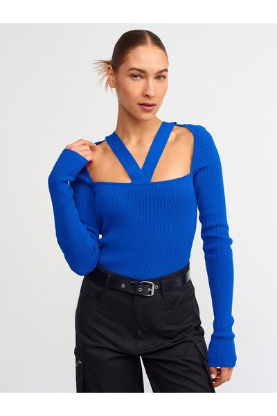 Dilvin 10324 Pulover cu bandă încrucișată în față cu gât pătrat-Saks întunecat