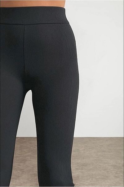 Trendy Butik Women's Winter Black Spanish Leg Ribbed High Waist Leggings