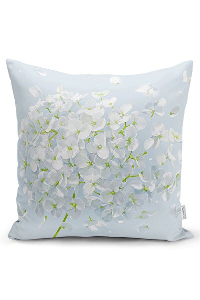 Realhomes Çift Taraflı Mavi Zeminde Beyaz Ortanca Çiçeği Dijital Baskılı Raşe...