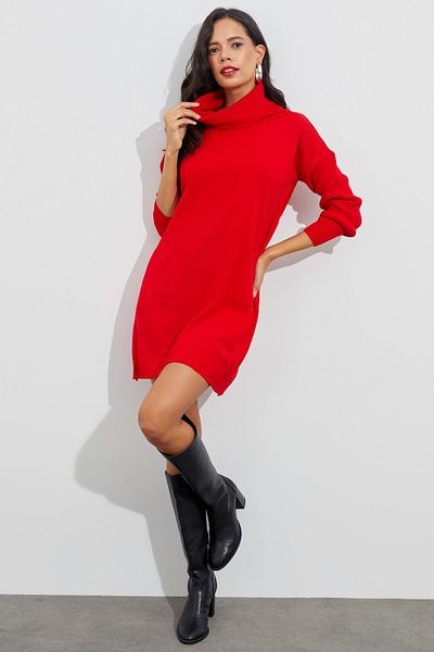 Cool & Sexy Women's Red Ruffle Collar Knitwear Mini Dress YV73
