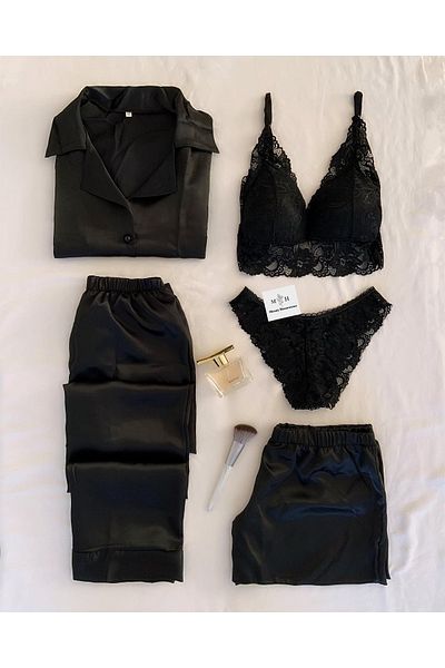MH Moony Homewears Set de zestre pentru pijama din satin Black Opium, 5 piese