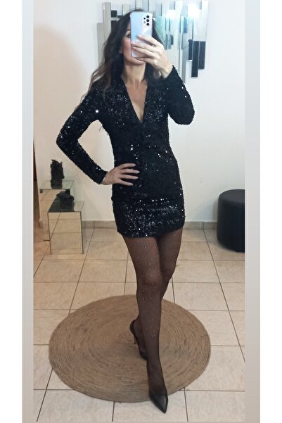 BE PROJECT Kadife Uzeri Pullu Siyah Elbise