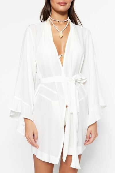 Trendyol Collection Ecru Belted Mini Woven Flounce Kimono&Kaftan TBESS21KM0002