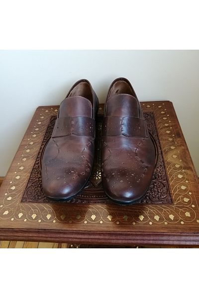 panucci Men's Genuine Leather Burnt Brown Antique Banded Staple Hole Elastic Hard Rubber Sole Loafer