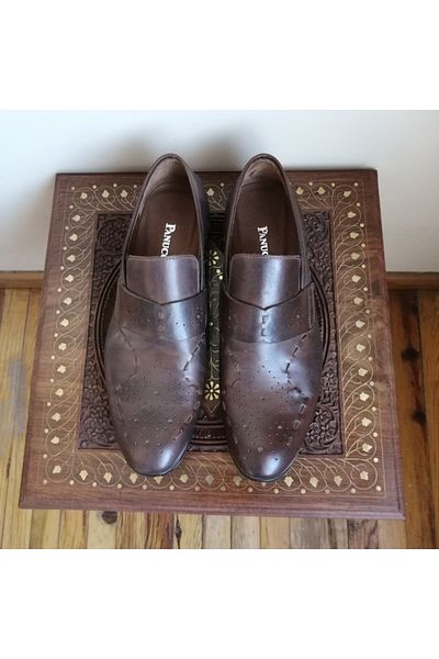 panucci Men's Genuine Leather Burnt Brown Antique Banded Staple Hole Elastic Hard Rubber Sole Loafer