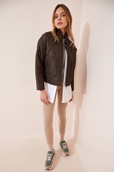 Happiness İstanbul Dámský khaki oversize prošívaný kabát FN03001