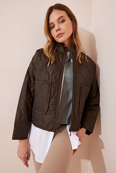 Happiness İstanbul Dámský khaki oversize prošívaný kabát FN03001