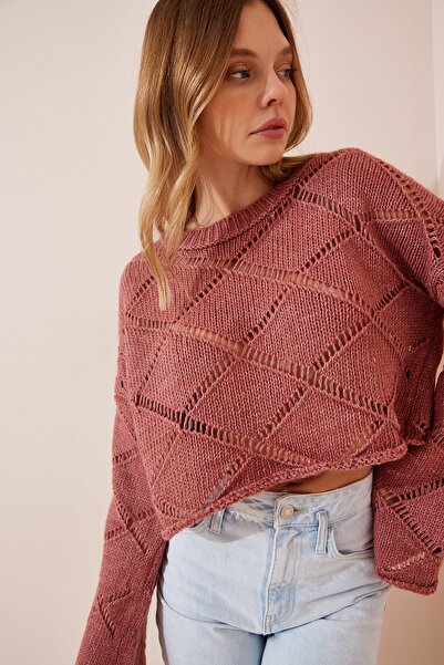 Happiness İstanbul Дамски ажурен пуловер с кръгло деколте и сушени рози MW00089