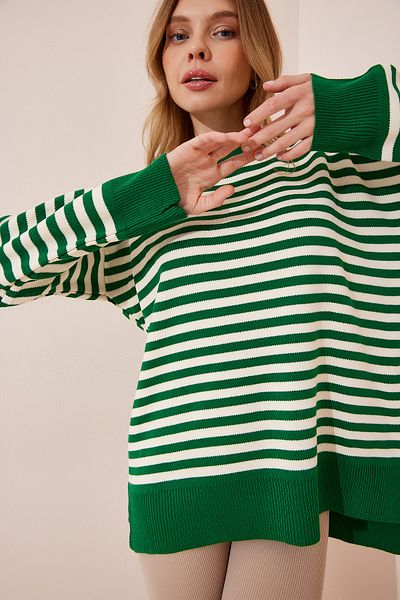 Happiness İstanbul Women's Green Cream Crew Neck Striped Knitwear Sweatshirt AV00032
