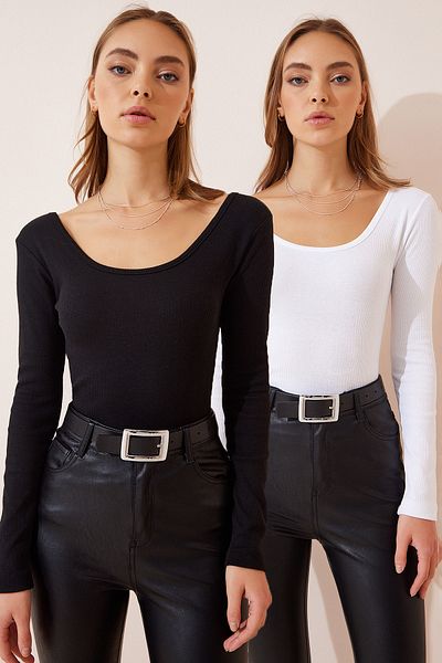 Happiness İstanbul 2er-Pack gerippte Strickbluse mit U-Ausschnitt für Damen in Schwarz und Weiß GT00213