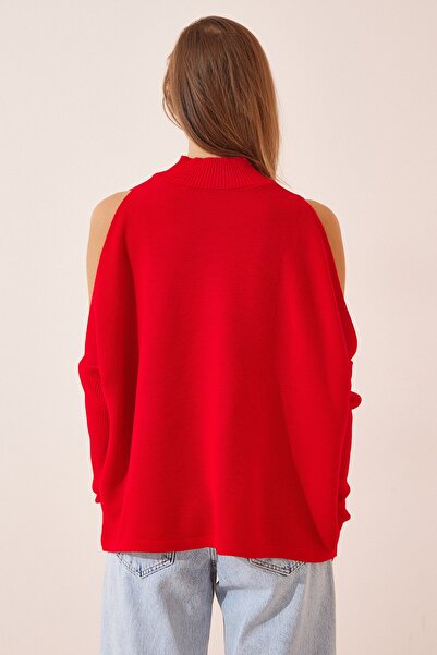 Happiness İstanbul Pulover oversize din tricot cu decupaj roșu pentru femei AS00015