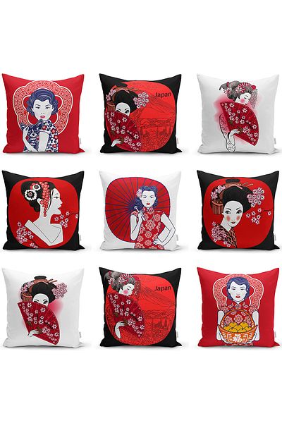 Realhomes Double Sided Black and Red Daisy Design on the Floor Japanese Girl Modern Raschel Knitted Pillow Case