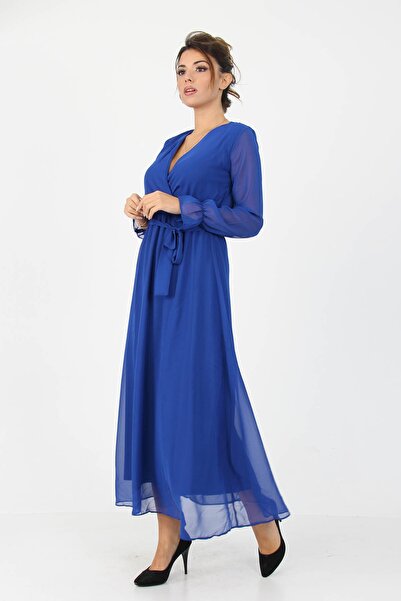 Neşeli Butik Dámské šifonové dvouřadé s výstřihem Saks modré dlouhé šaty Kts003