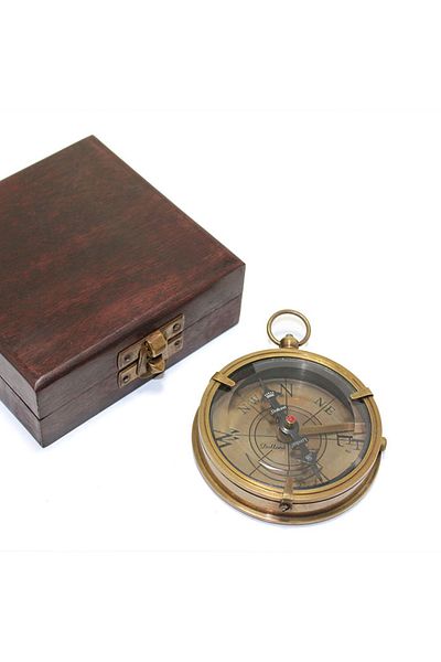 keyfimshop Brass Compass with Decorative Wooden Box