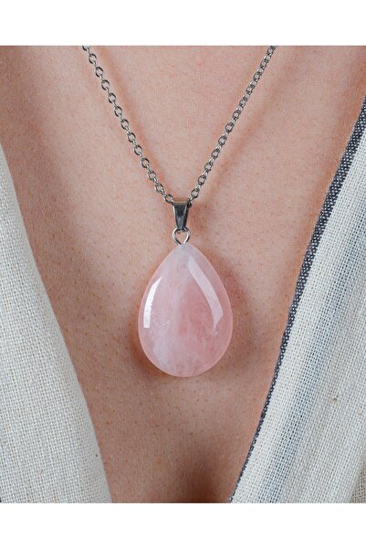İLTERUS Doğaltaş Pembe Kuvars Damla Kolye Ucu (zincir Hediyeli)