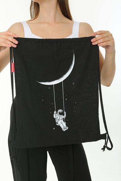 Serkan Çanta Bez Çanta Atölyesi Astronaut Rocking on the Moon Printed Black Backpack