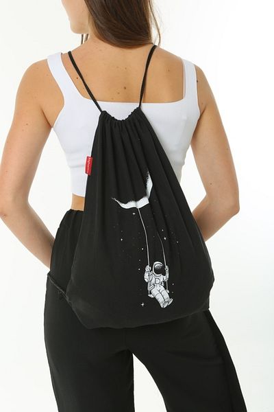 Serkan Çanta Bez Çanta Atölyesi Astronaut Rocking on the Moon Printed Black Backpack