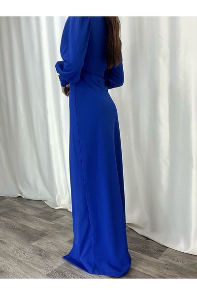 Secret Passion Lingerie Κομψό μακρύ φόρεμα από εύκαμπτο ύφασμα Sax Blue με χαμηλό στήθος και βραδινό φόρεμα βαθύ σκίσιμο 112 581913
