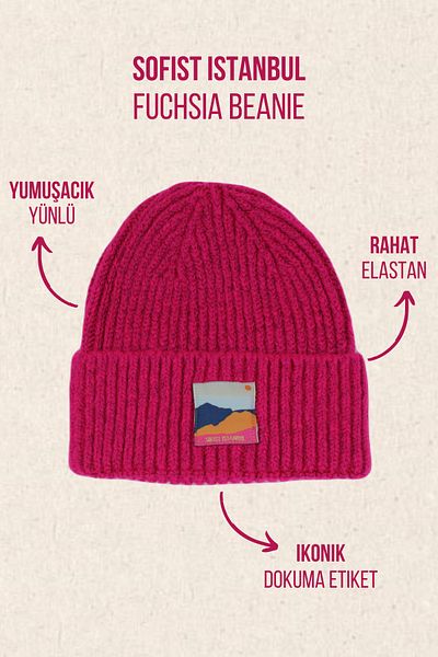 Sofist İstanbul Fuchsia Unisex Beanie Fuchsia Color Woven Label Soft Washed Wool And Fold Knitted Beret