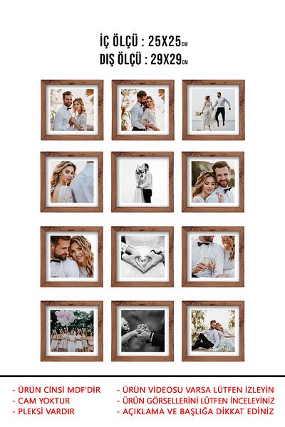 yhfoto 12 Pieces 25x25 Frame - Kemençe Frame - MDF Square Frame - Photo Frame Set