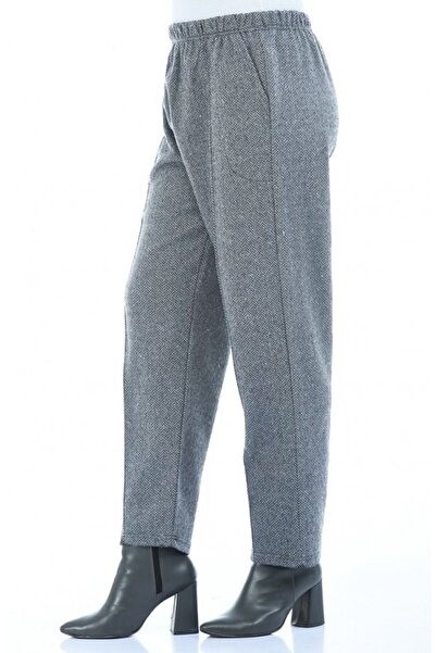 Modakenti Large Size Pocketed Winter Elastic Stitched Trousers - Gray Herringbone