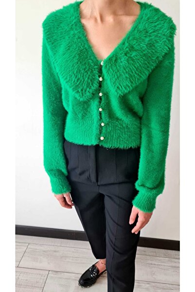 Dilvin 60160 V Yaka Fırfırlı Hırka-yeşil