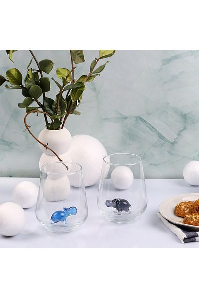 ADAMODART Set of 2 Water Glasses with Hippo Glass Figure