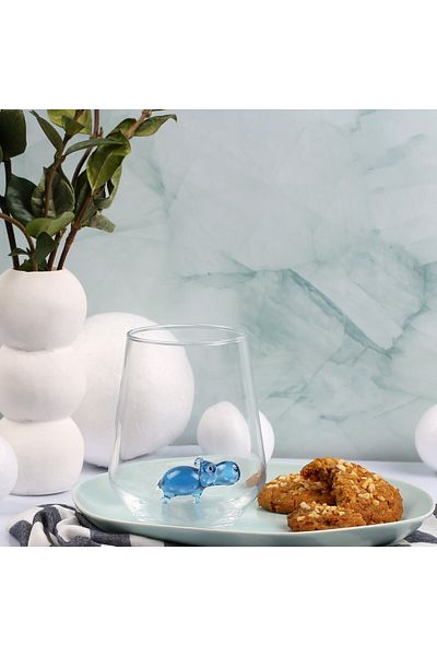 ADAMODART Single Water Glass with Blue Hippo Figure