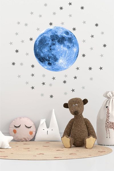 Piksel Grafik Autocolant pentru cameră pentru copii Blue Moon And Stars