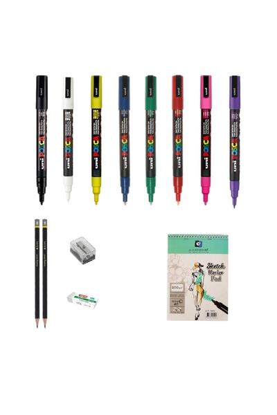 Uni Posca Marker Pen Drawing Set 3 + 3m (0.9 - 1.3mm) Set of 8