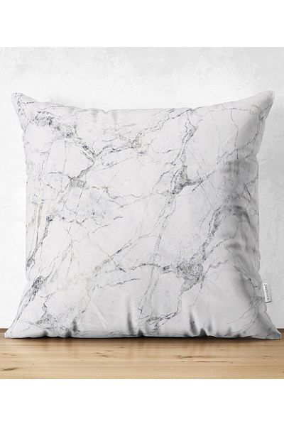 Realhomes Double Sided Black Marble Patterned Digital Printed Modern Raschel Knitted Throw Pillow Cover on White Background