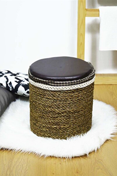 SepetçiBaba Hasır Yuvarlak Puflu Sepet