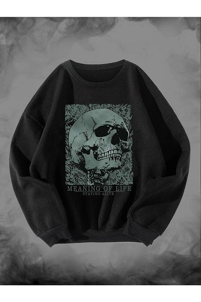 Mythologie Φούτερ Meaning Of Life Skull Printed Unisex Oversize Μαύρο φούτερ με λαιμόκοψη