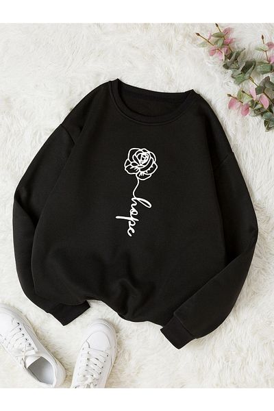 Mythologie Φούτερ με ροζ στάμπα Unisex Oversize Μαύρο Crew Neck
