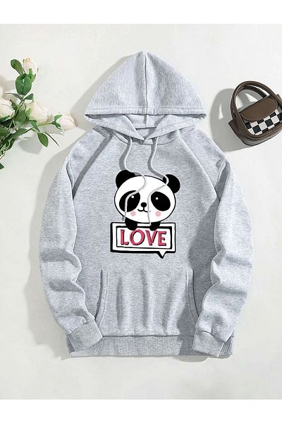 Mythologie Φούτερ με στάμπα Panda Love Unisex Oversize γκρι κουκούλα καγκουρό με τσέπη