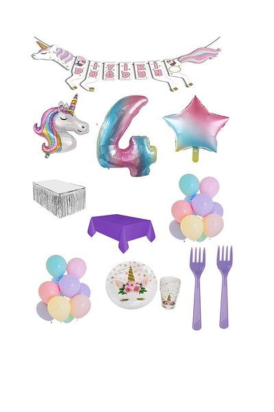 BEST PARTİ DOĞUM GÜNÜ PARTİ SÜSLERİ Unicorn Themed Birthday Party Set for Age 4