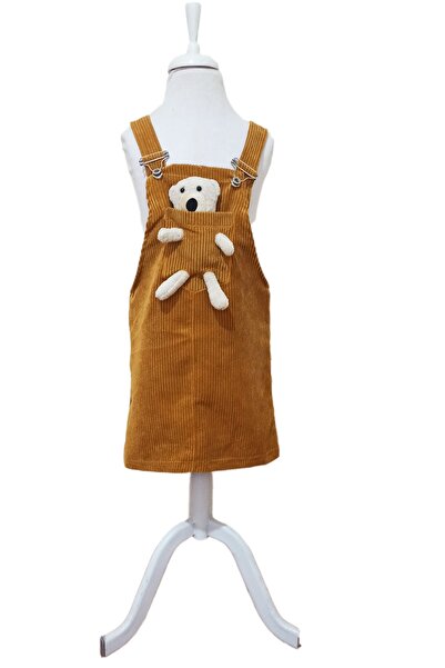 Pastelsnz Hardal Sarısı Kız Çocuk Salopet Elbise - Ayıcıklı Salopet