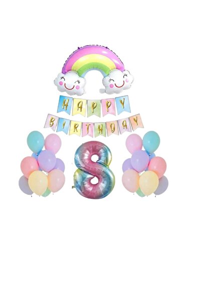 RÖNESANS PARTİ مجموعة بالونات فويل على شكل قوس قزح مبتسم لعمر 8 سنوات