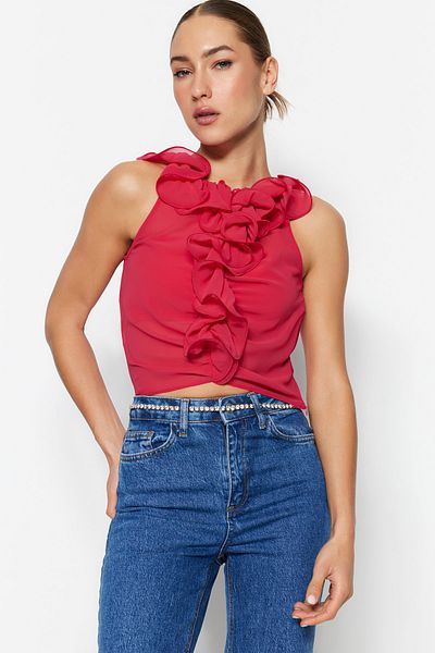 Trendyol Collection Φούξια Crop Chiffon Μπλούζα TPRSS23BZ00054