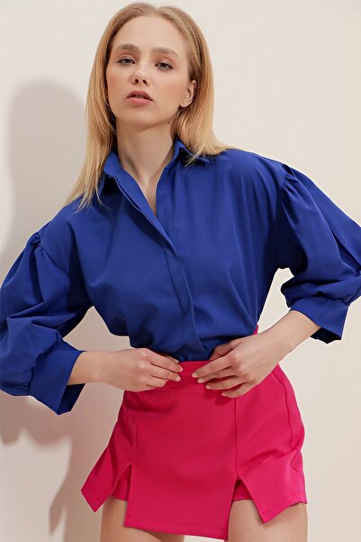 Trend Alaçatı Stili Női Saks Balloon Sleeve Rejtett Placket Basic Poplin ing ALC-X9654