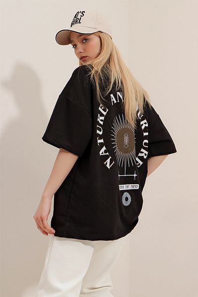 Trend Alaçatı Stili Schwarzes Unisex-T-Shirt in Übergröße mit Rundhalsausschnitt, bedruckt, ALC-X9577