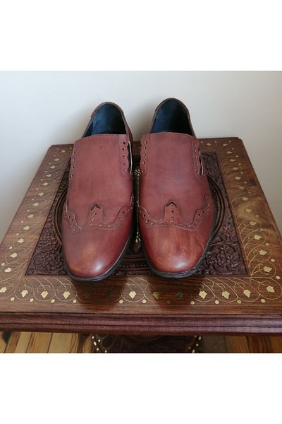 Butik Tülin Men's Genuine Leather Red Brown Antique Staple Hole Elastic Hard Rubber Sole Loafer