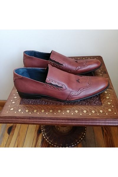 Butik Tülin Men's Genuine Leather Red Brown Antique Staple Hole Elastic Hard Rubber Sole Loafer