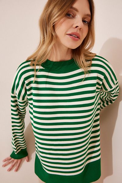 Happiness İstanbul Women's Green Cream Crew Neck Striped Knitwear Sweatshirt AV00032