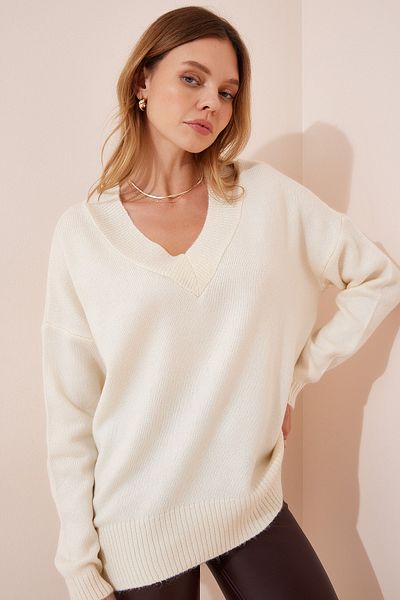 Happiness İstanbul Pulover oversize din tricot cu decolteu în V crem BV00003