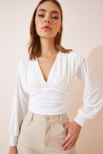 Happiness İstanbul Dámská pletená blůza Ecru s hlubokým výstřihem do V a sandy BF00050