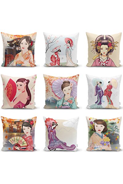 Realhomes Çift Taraflı Mor Elbiseli Kırmızı Şemsiyeli Japon Kadın Desenli Mod...