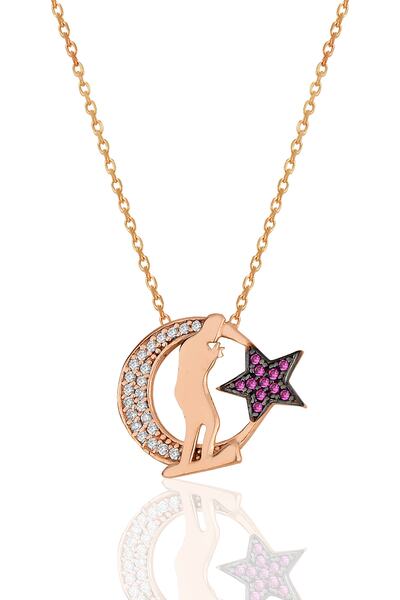 Bilsen Store 925 Ayar Gümüş Zincirli Rose Kaplama Beyaz Kırmızı Taşlı Atatürk...
