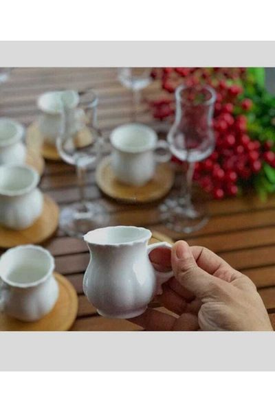 panayır 12 Piece Porcelain Coffee Cup Set for 6 Persons with Bamboo Saucer, Souvenir, Gift Cup